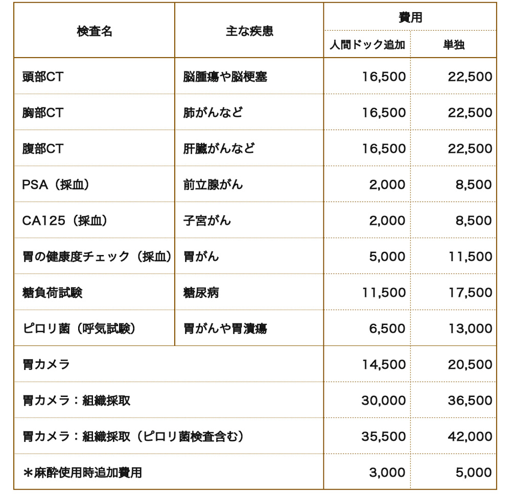 人間ドックオプション料金表