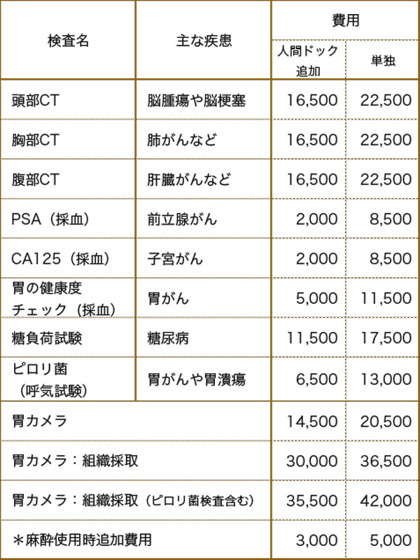 人間ドックオプション料金表